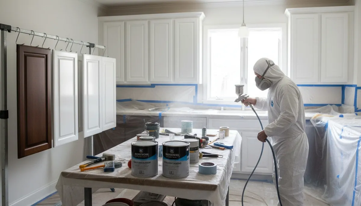 Professional cabinet painting in Boston MA using spray and brush for smooth durable kitchen finishes