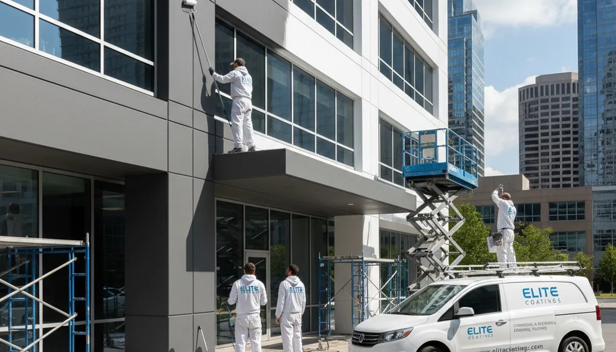 Professional commercial painters finishing office interior walls in Boston, MA