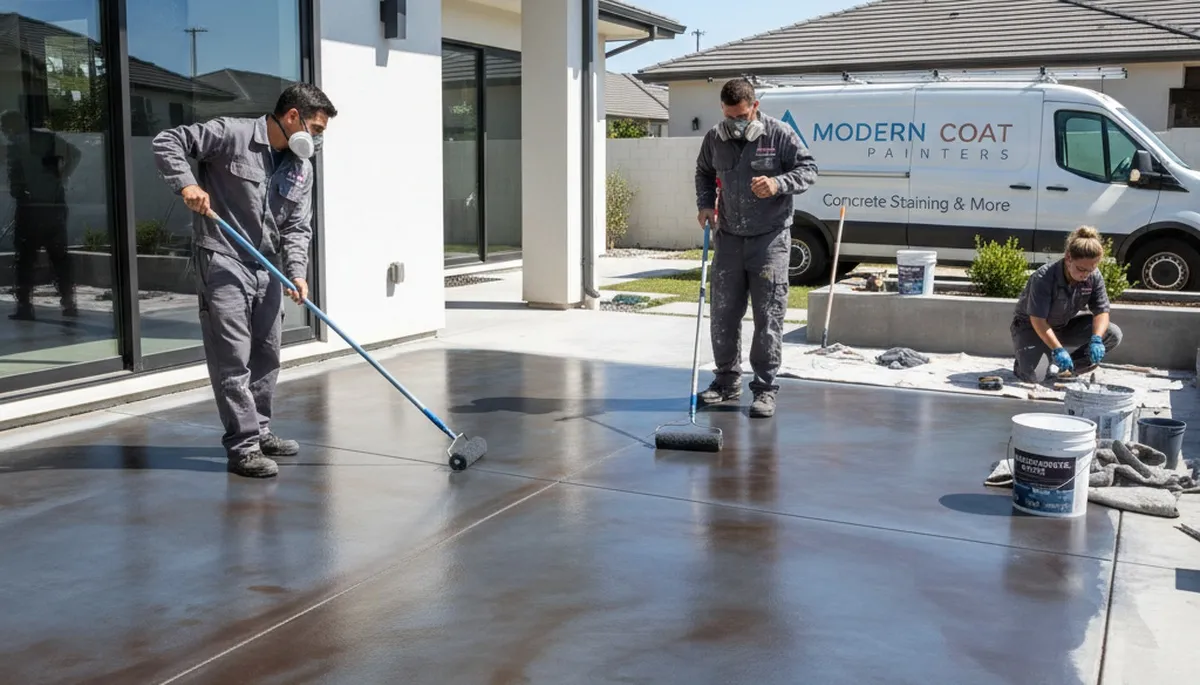 Concrete staining on Boston patio with durable floor coating by professional house painters
