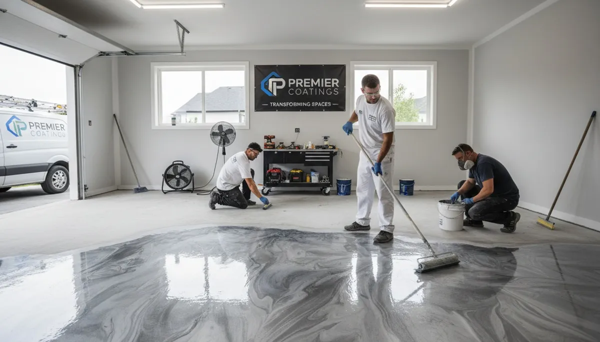 Professional epoxy floor coating in Boston MA garage with durable, glossy finish by local painting experts