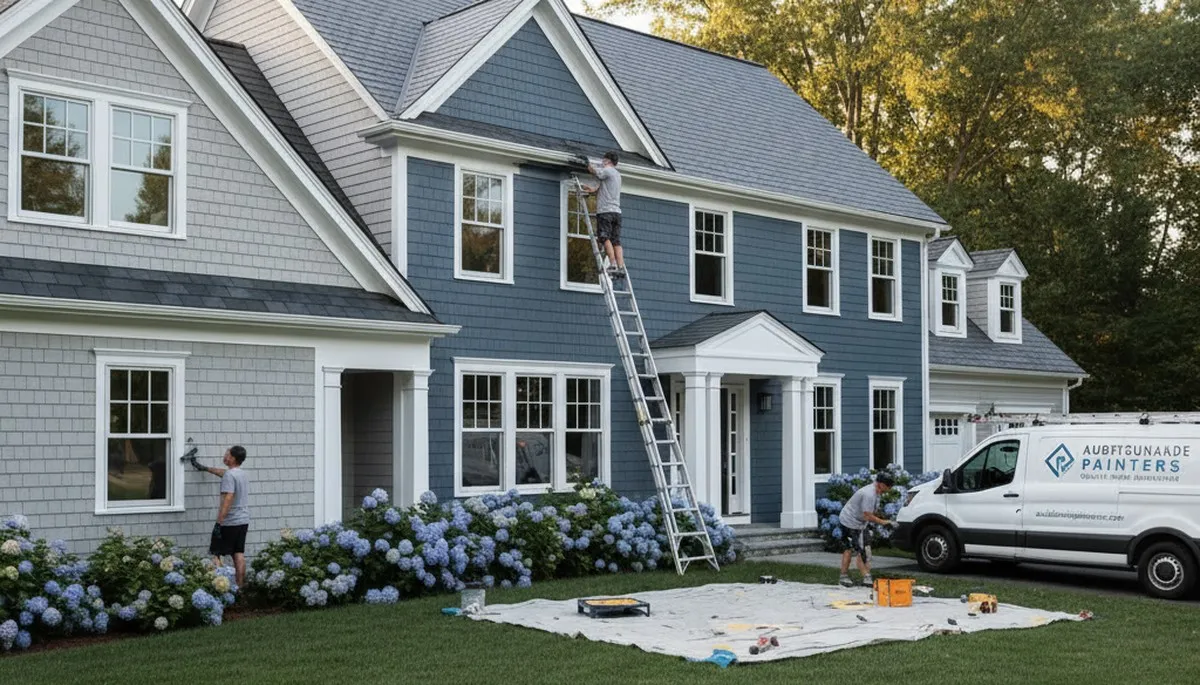Professional house painters working on residential exterior in Boston, MA