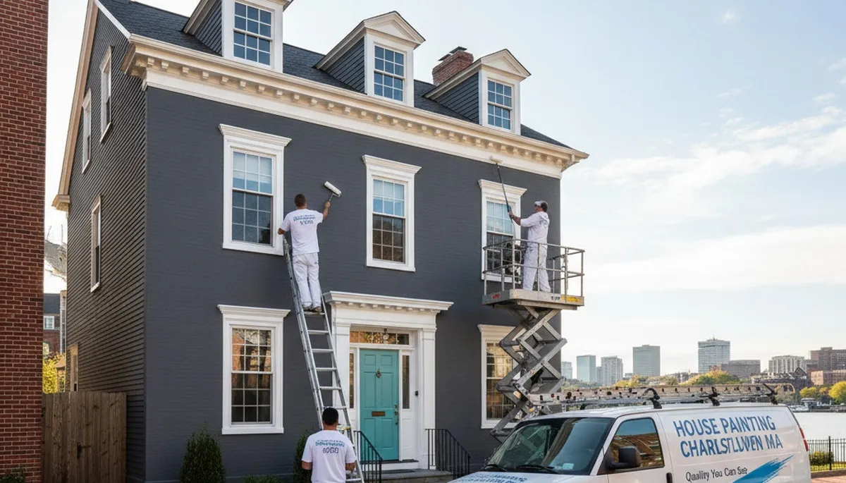 Professional house painters in Boston MA applying exterior paint to a residential home façade
