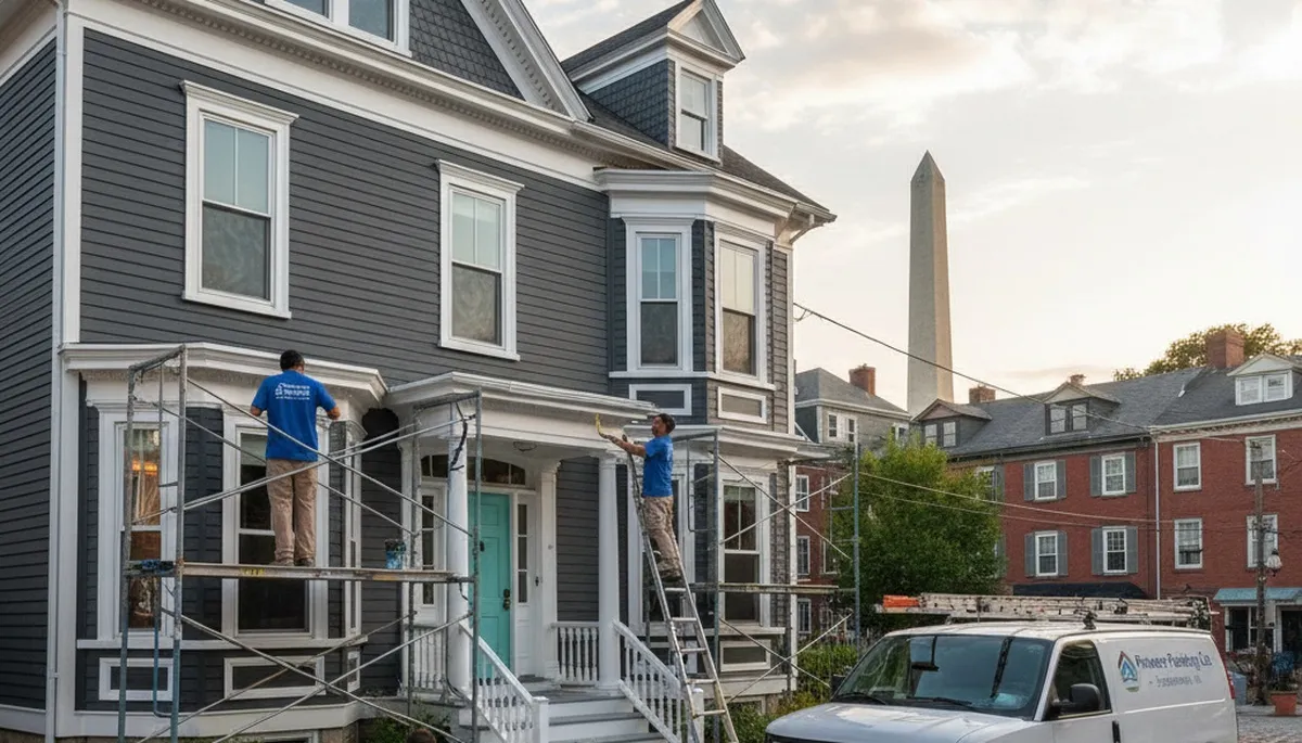 Professional house painters working on residential exterior in Boston MA