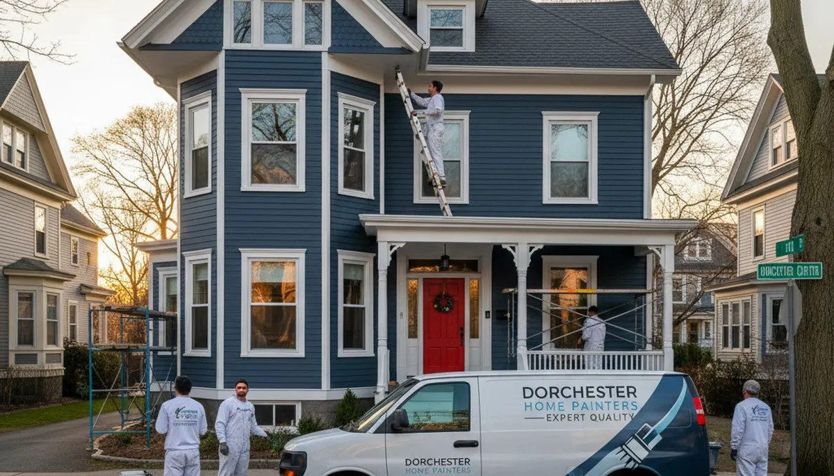 Professional house painters in Boston, MA painting a home's exterior with brushes and rollers