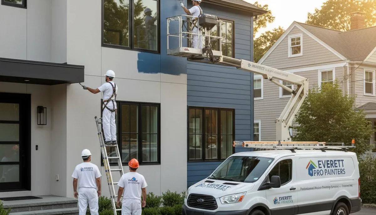 Professional house painters working on residential exterior in Boston, MA