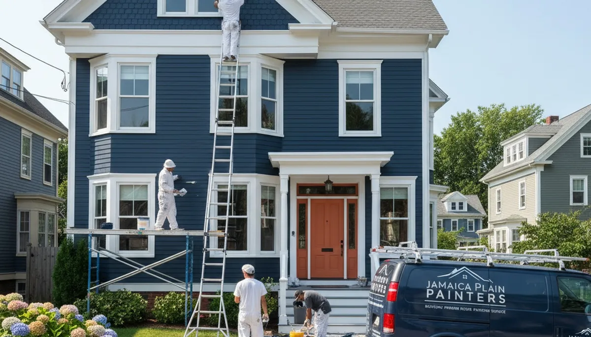 Professional house painters working on residential exterior in Boston, MA