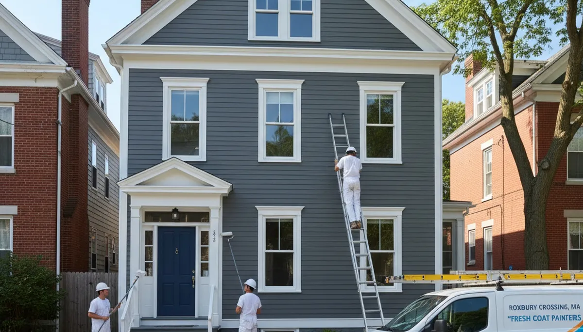 Professional house painters in Boston MA applying exterior paint to residential home façade