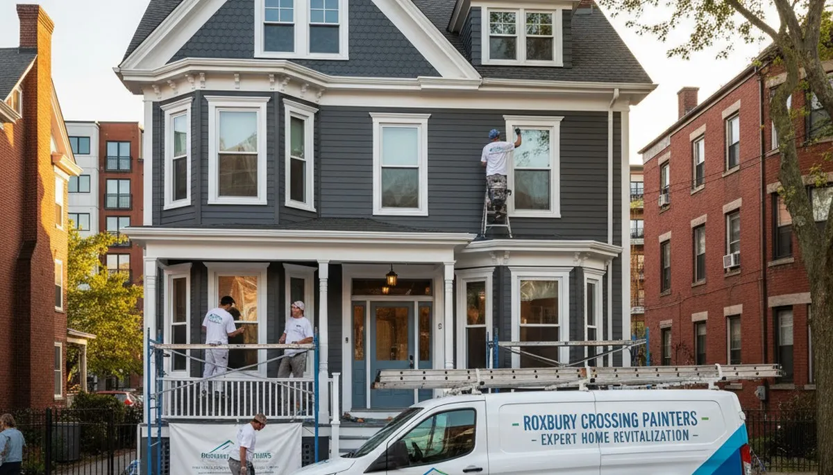 Professional house painters working on residential exterior in Boston MA