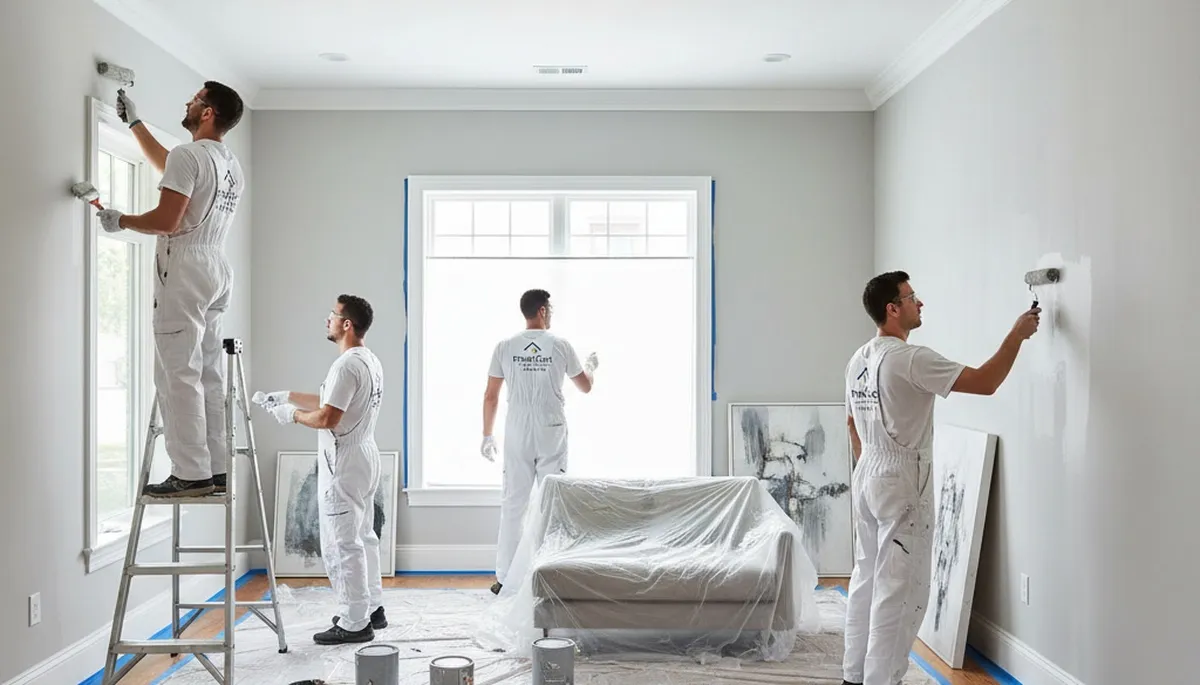 Professional interior house painters refreshing a living room in Boston, MA with premium wall paint